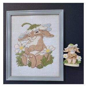 Vintage Crewel Embroidery Fiber Art with Matching Vintage Figurine